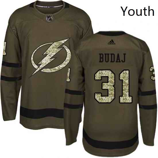 Youth Adidas Tampa Bay Lightning 31 Peter Budaj Authentic Green Salute to Service NHL Jersey